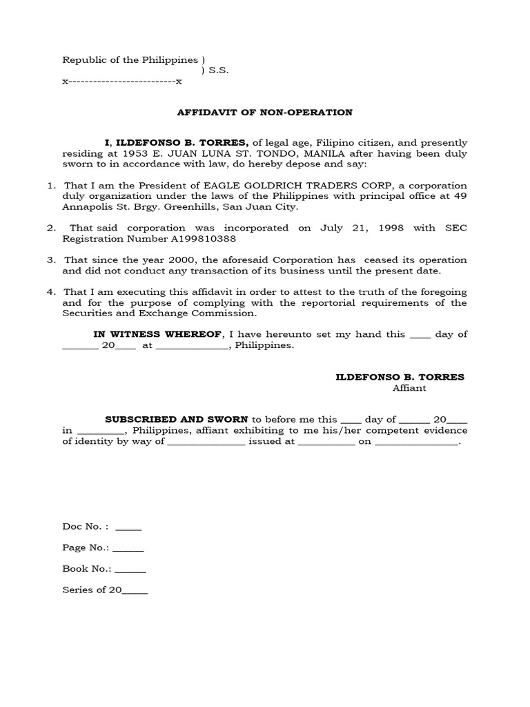 Affidavit non operational pdf