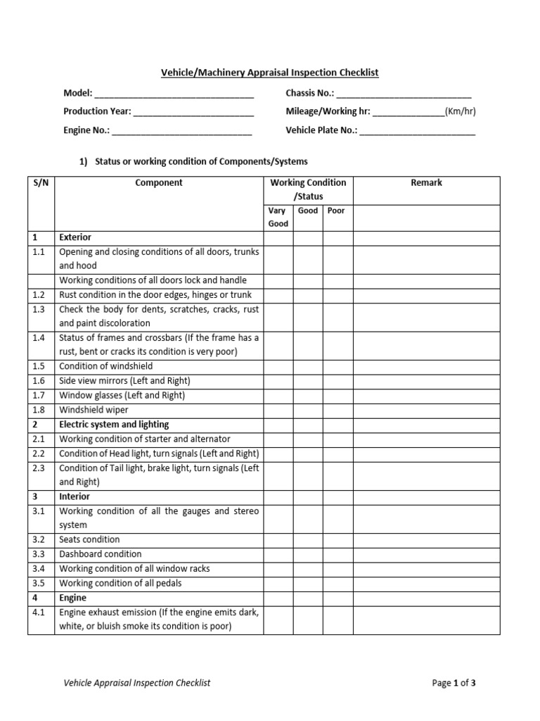 Vehicle Uppraisal Inspection Checklist PDF Steering Axle