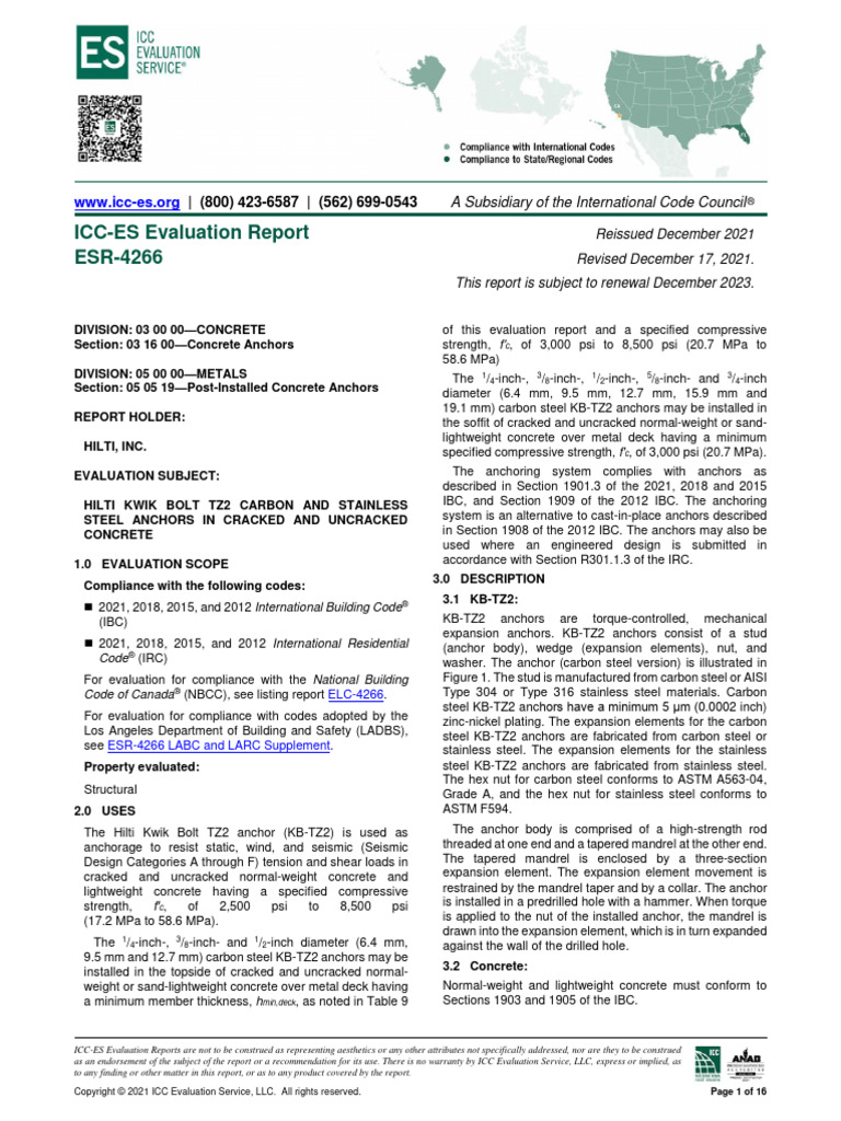 ICC ESR 4266 KB TZ2 Expansion Anchor Concrete Approval PDF Concrete
