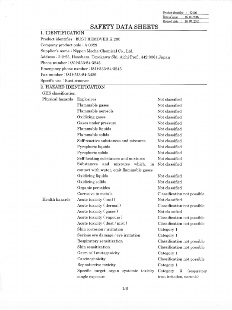 Rust Remover K-200 - MSDS | PDF
