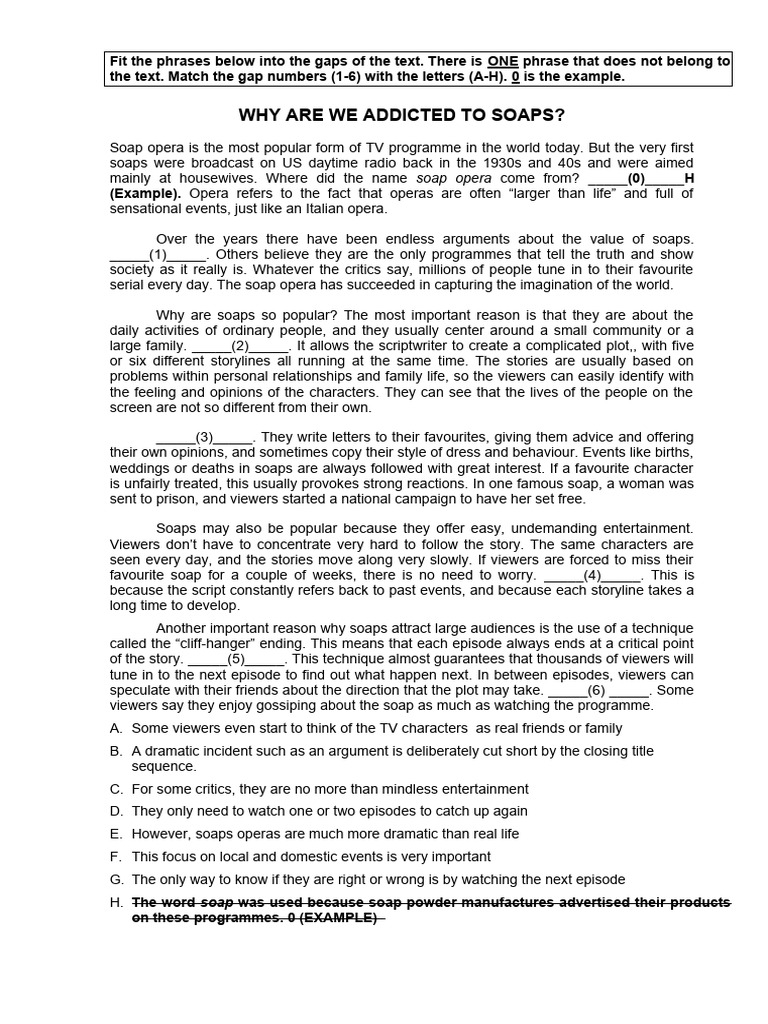 B1 ReadingGapped SentencesAddicted To Soaps PDF Soap Opera