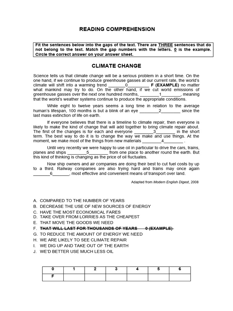 B1 READINGgapped sentencesCLIMATE CHANGE PDF Climate Change Climate