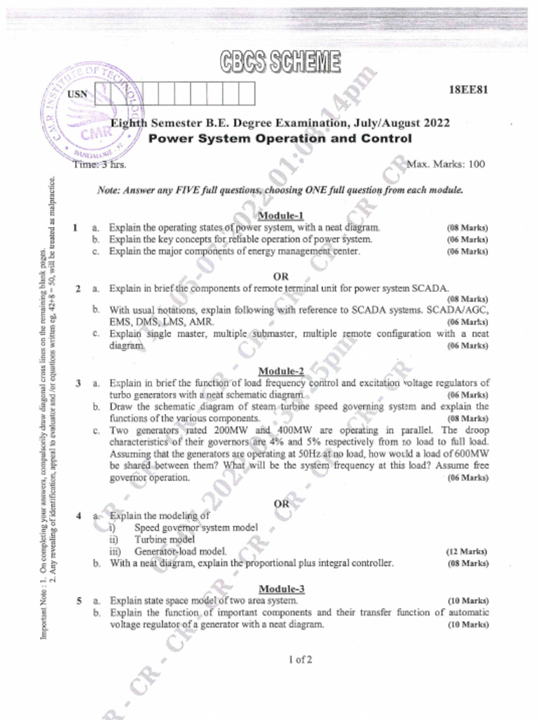 Share VTU Question Paper of 18EE81 Power System Operation And Control