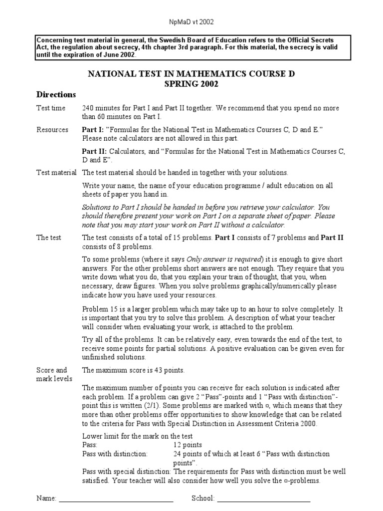 National Test in Mathematics Course D SPRING 2002 Directions | PDF ...