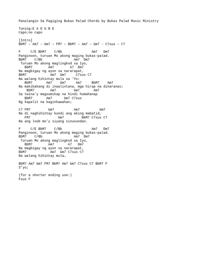 Panalangin Sa Pagiging Bukas Palad Lyrics and Chords PDF