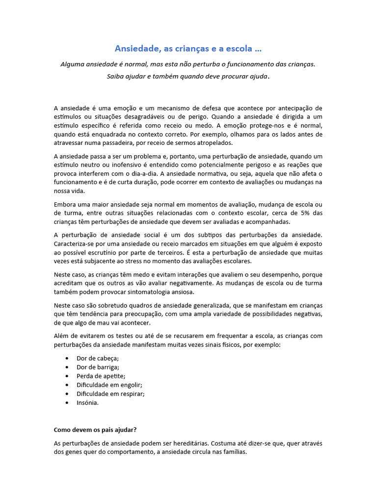 Ansiedade Infantil na Escola: Como Ajudar | PDF | Ansiedade | Psicologia