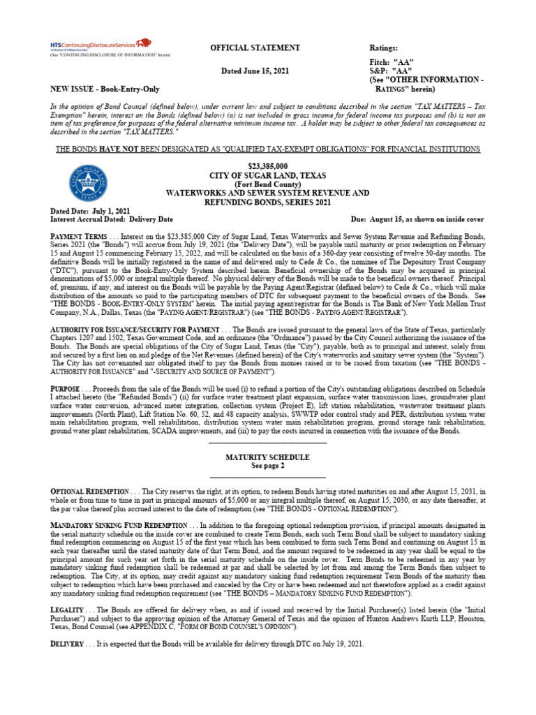 Water and Sewer Bond Sugarland Texas 2021 PDF Bonds (Finance) Taxes