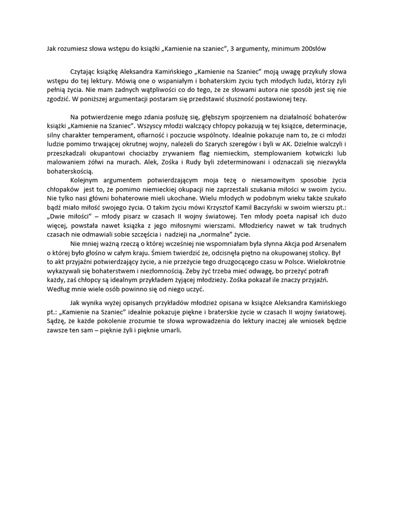 Rozprawka - Słowa Wstepu Do Kamieni Na Szaniec | PDF