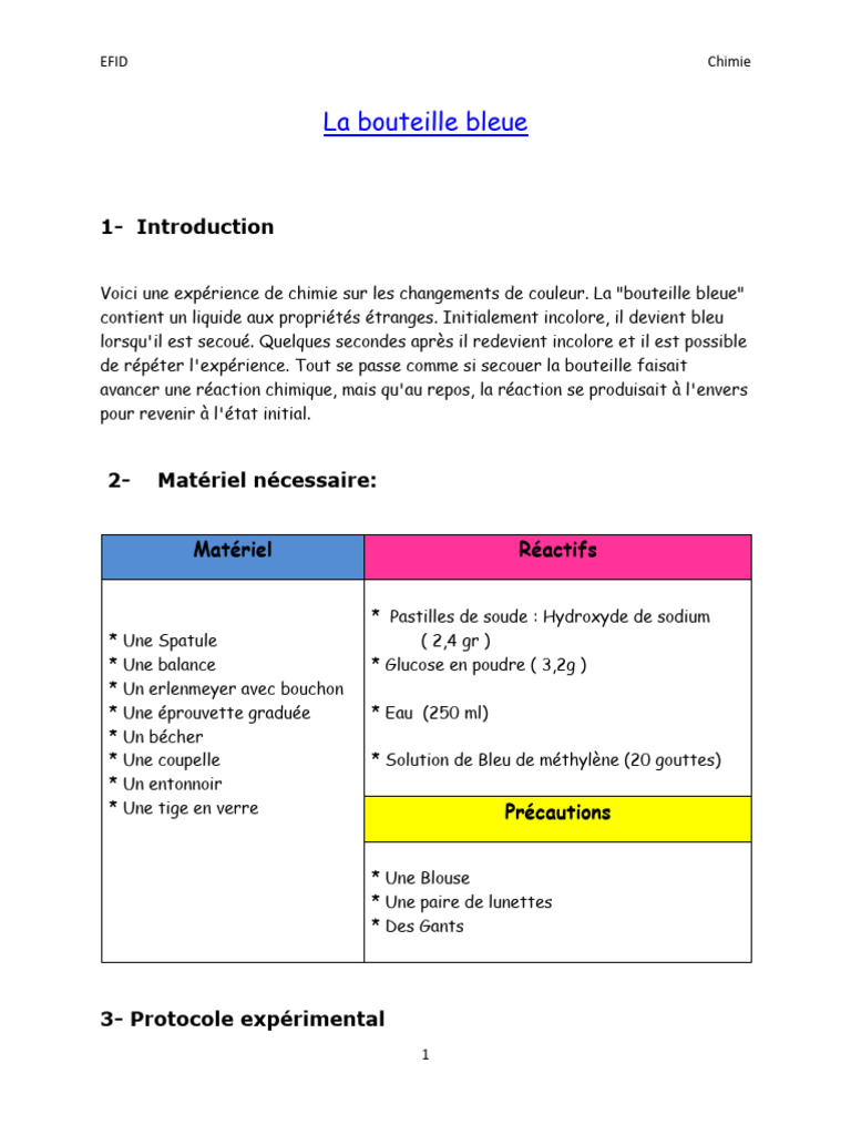 Expérience de la Bouteille Bleue en Chimie | PDF | Hydroxyde de sodium ...