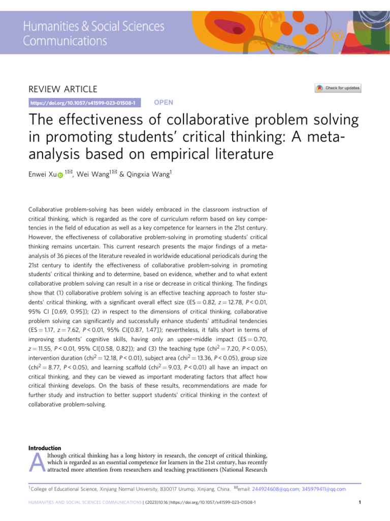 The Effectiveness of Collaborative Problem Solving in Promoting ...