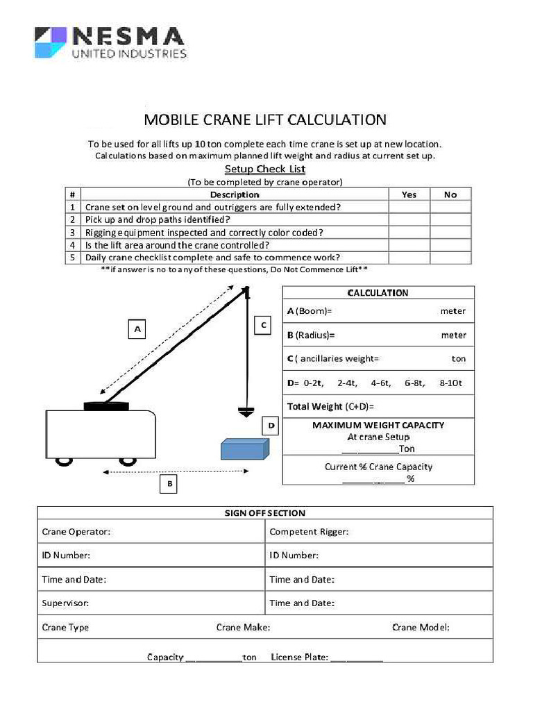 Crane Lifting Calculation Sheet PDF