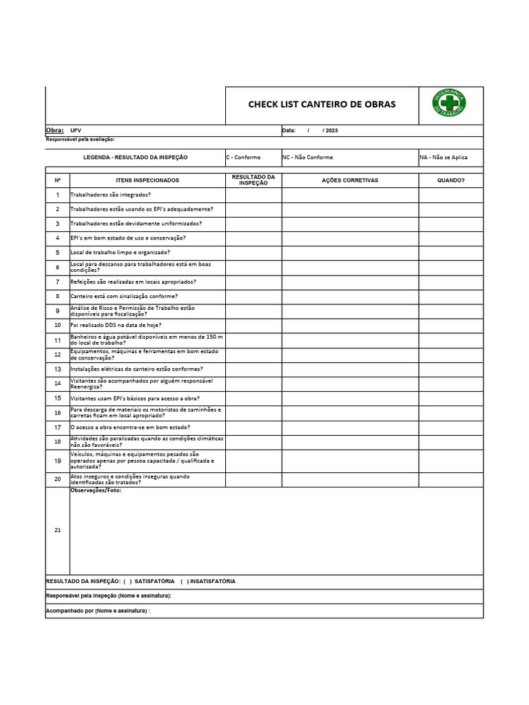 Checklist de Segurança em Canteiro de Obras | PDF