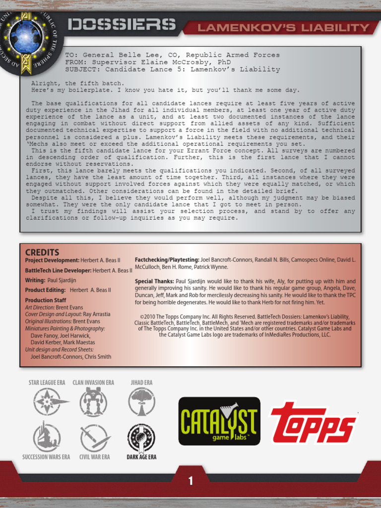 CAT35LP01A BattleTech Dossiers - Lamenkov's Liability - Preview | PDF ...