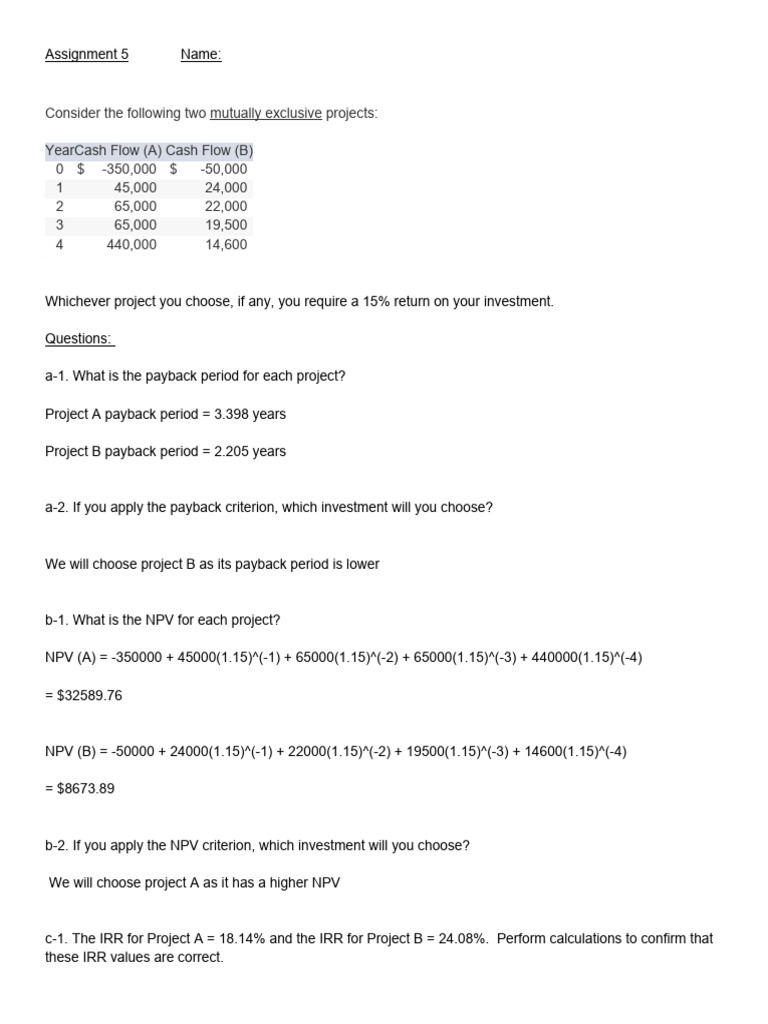 Assignment 5 Investment Criteria PDF Internal Rate Of Return