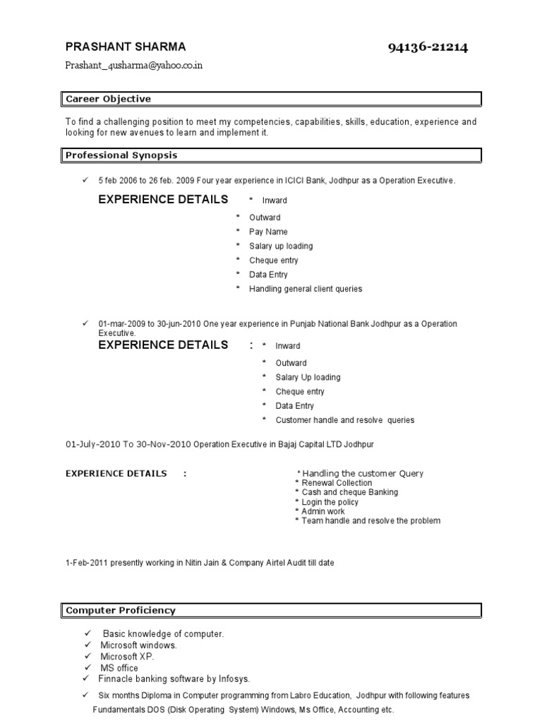 Prashant Sharma - Banking Operations Resume | PDF | Business