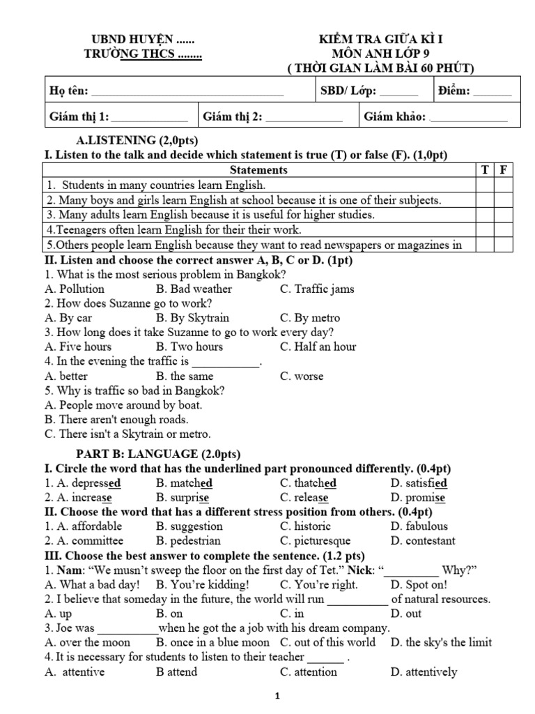 English Test for 9th Grade Students | PDF | English Language