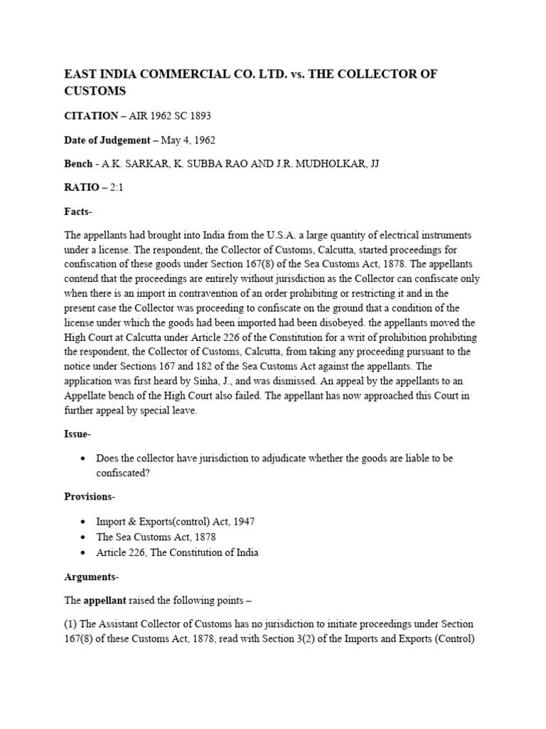 East India Commercial Co Ltd Vs The Collector Of Customs Pdf