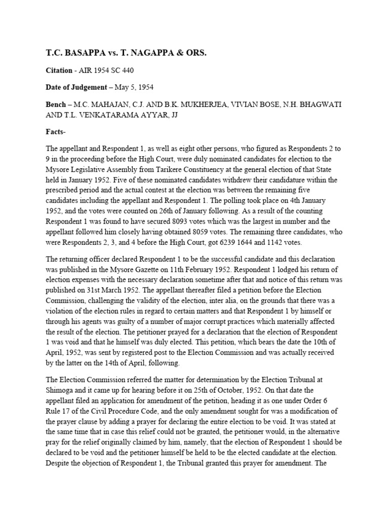 T.C. BASAPPA vs. T. NAGAPPA & ORS. | PDF | Certiorari | Writ