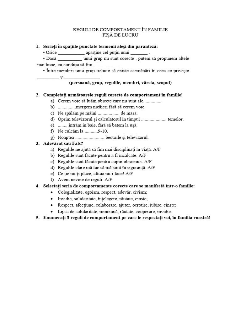 Reguli de Comportament in Familie | PDF