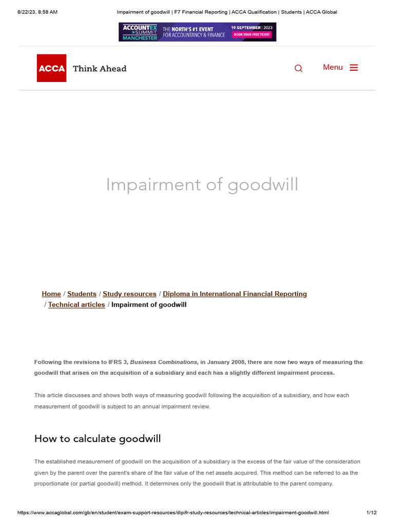 Impairment Of Goodwill F7 Financial Reporting Acca Qualification