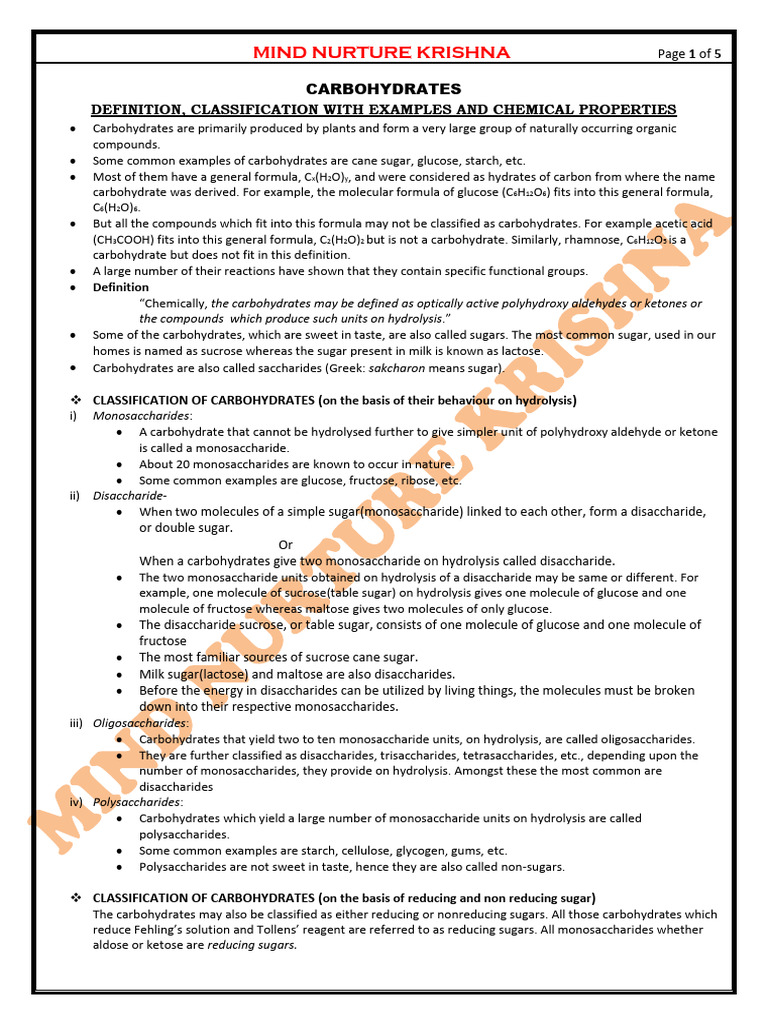 L1 CARBOHYDRATES Definition, Classification PDF Carbohydrates