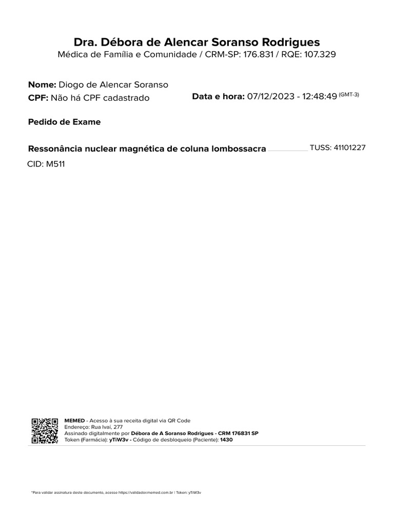 Ressonância Lombossacra: CID M511, TUSS 41101227 | PDF