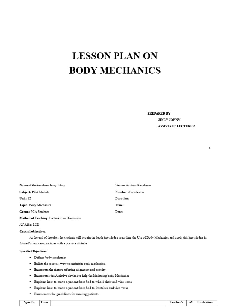 Body Mechanics LESSON PLAN PDF Wheelchair Osteoporosis