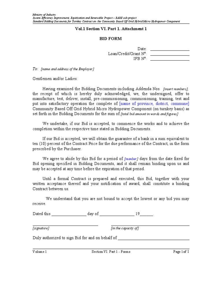 Vol.1 Section VI. Part 1. Attachment 1 Bid Form: (Name and Address of ...