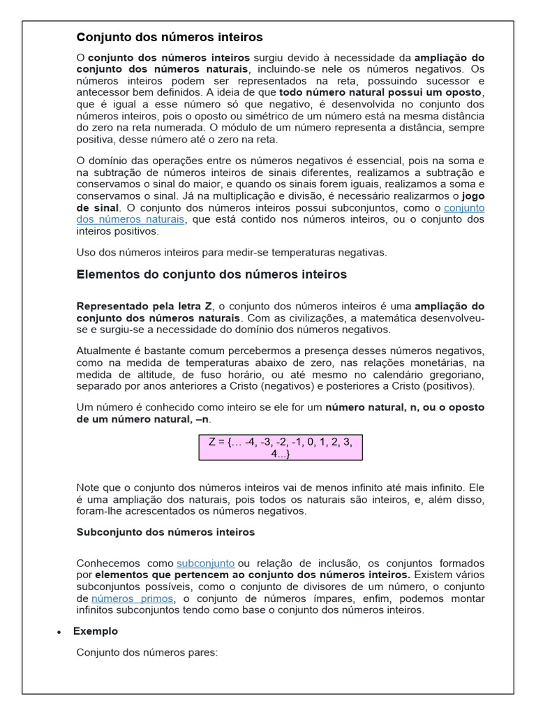 Conjunto dos Números Inteiros: Definições e Exemplos | PDF | Número ...