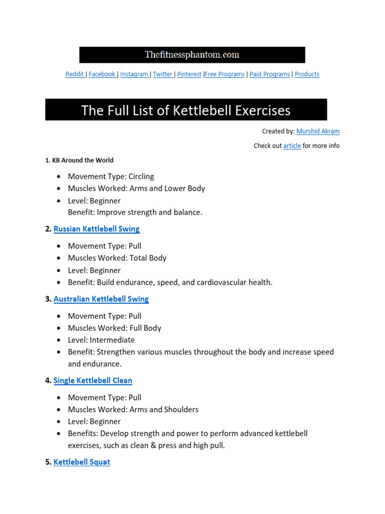 Comprehensive Kettlebell Exercise List | PDF | Kettlebell | Skeletal Muscle