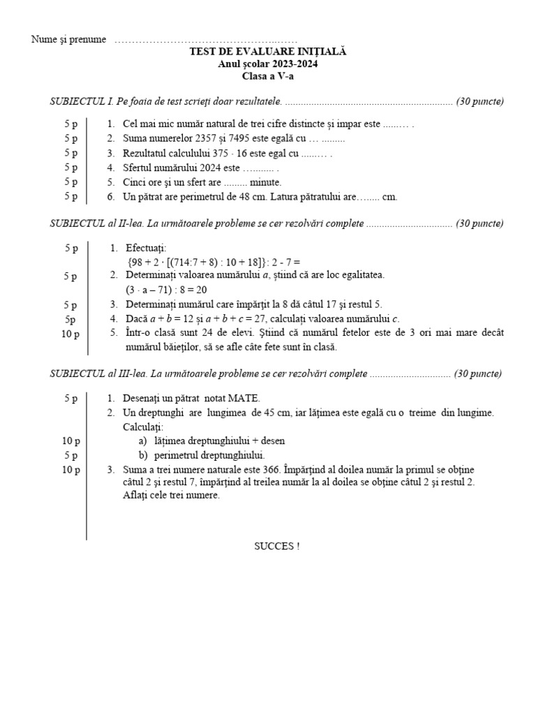 0 - Test - Initial - Barem - Clasa - A - V - A - 2023 2 | PDF