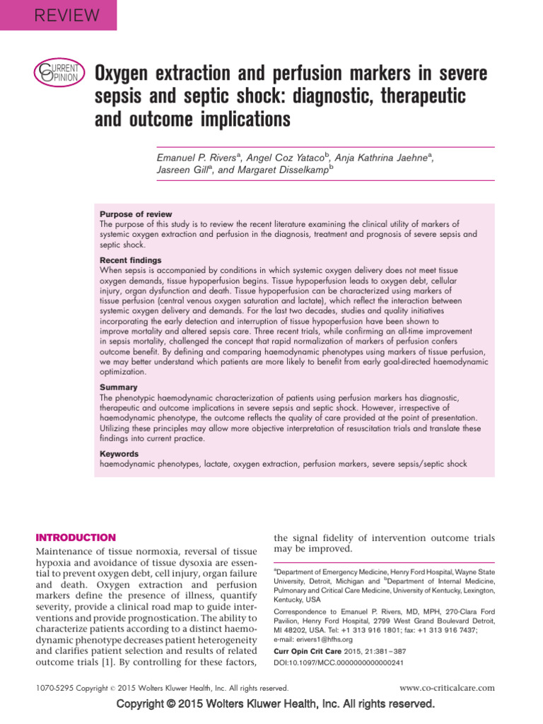 Oxygen Extraction and Perfusion Markers in Severe Sepsis and Septic Shock Diagnostic