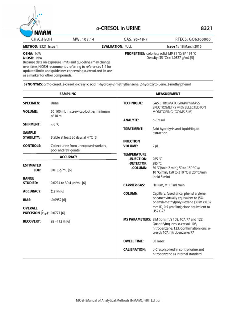 o-Cresol Urine Testing Method 8321 | PDF | Gas Chromatography | Mass ...