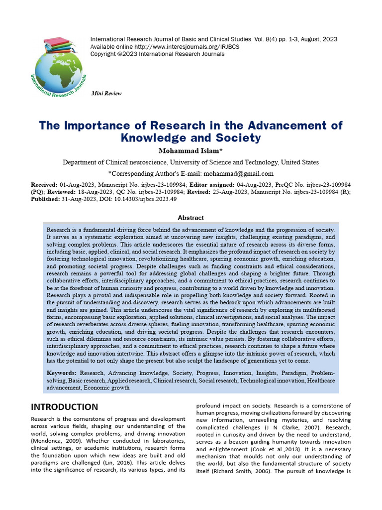 The Importance Of Research In The Advancement Of Knowledge And Society