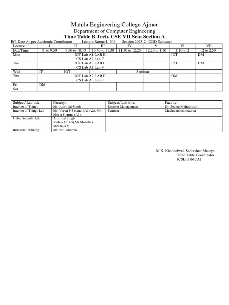 Vii Cs It Time Table Odd Sem Session 2023-24 Version 1 | PDF ...