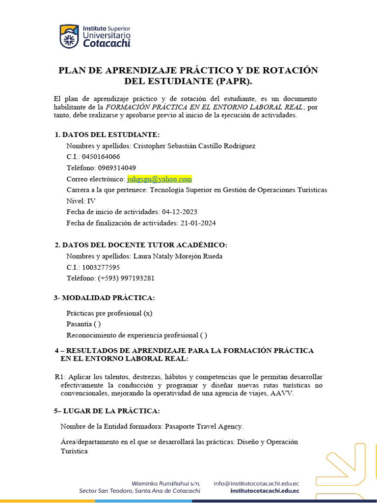 Anexo 6. Formato Del Plan de Aprendizaje Práctico y de Rotación Del ...