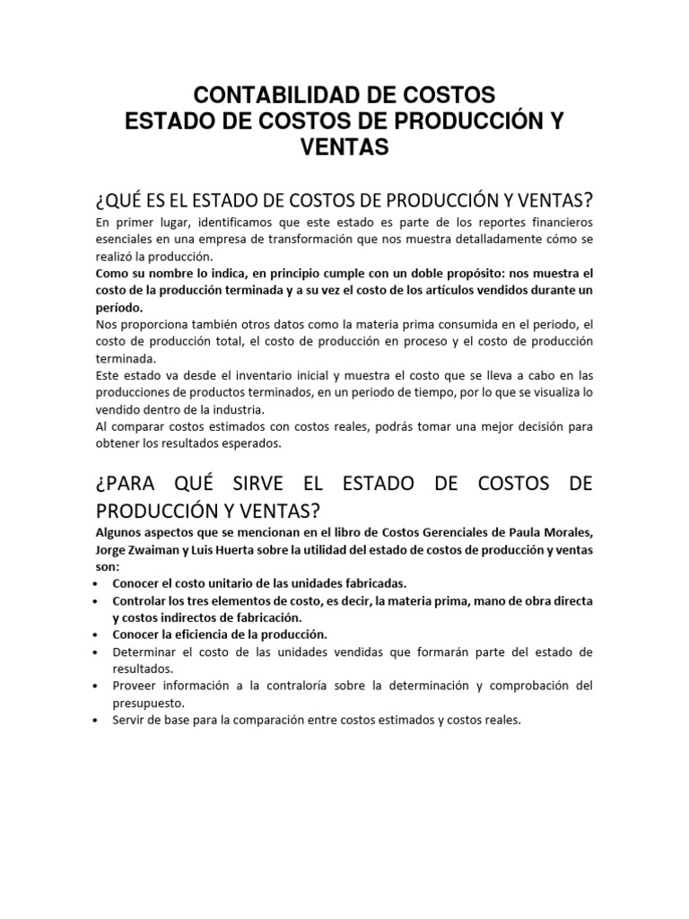 Estado de Costos de Producción y Ventas | PDF | Business | Costo