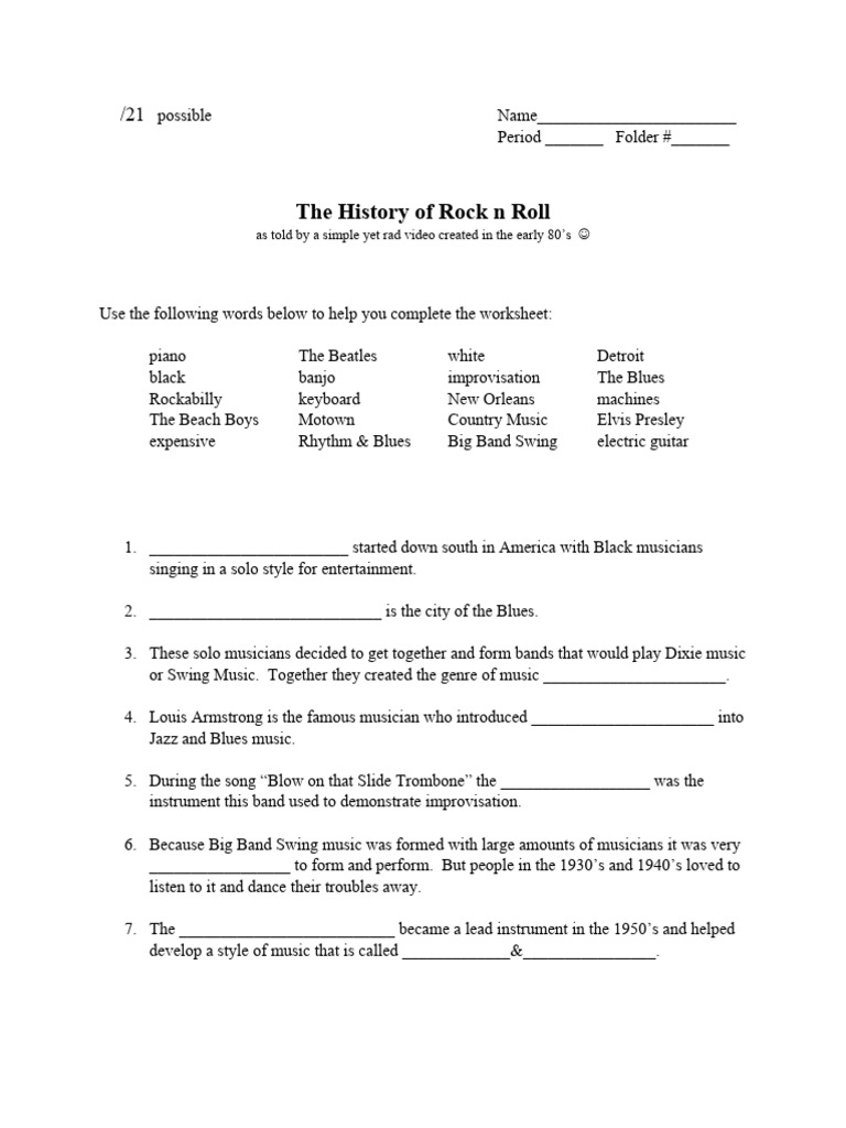 History of Rock n Roll video worksheet PDF Blues Rock And Roll