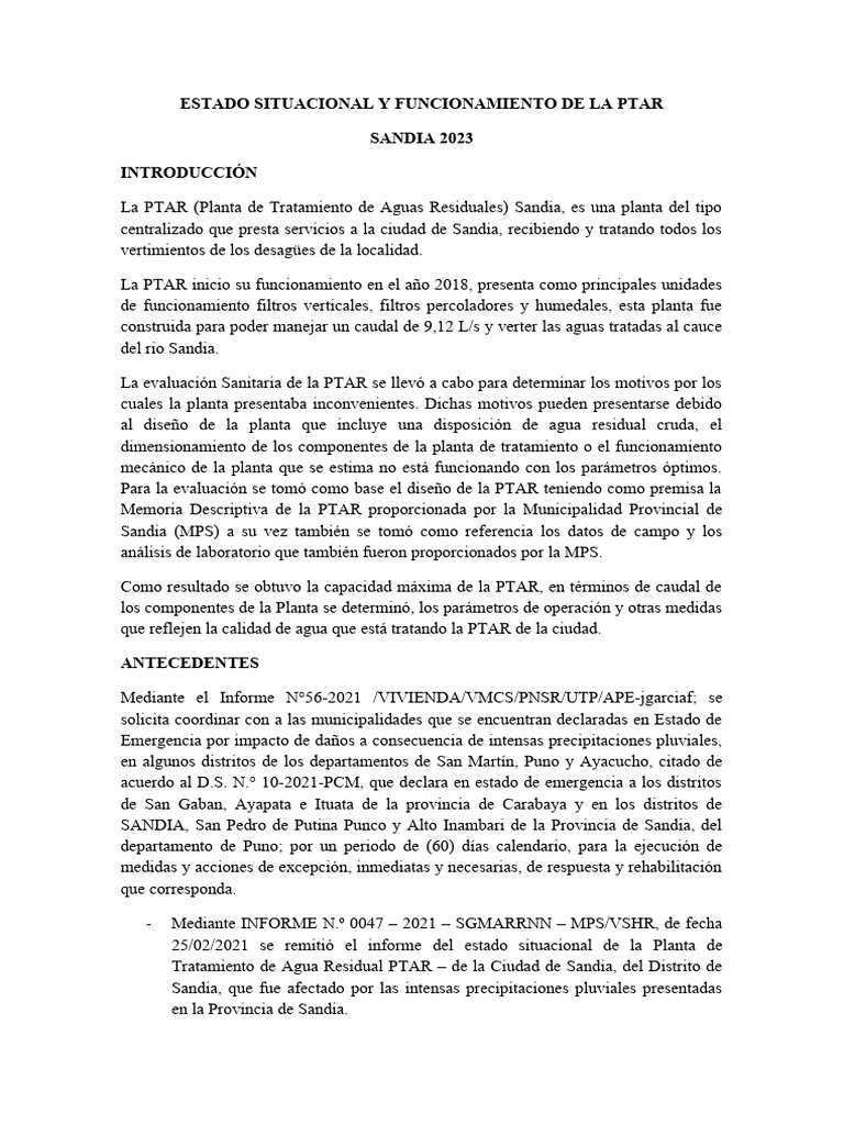 Estado Situacional PTAR | PDF | Filtración | Aguas residuales