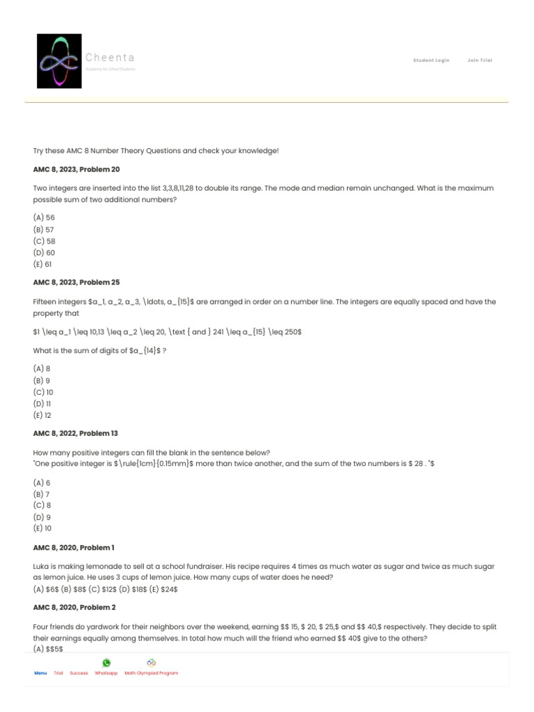 AMC 8 Number Theory Questions Year Wise Cheenta PDF Mathematics