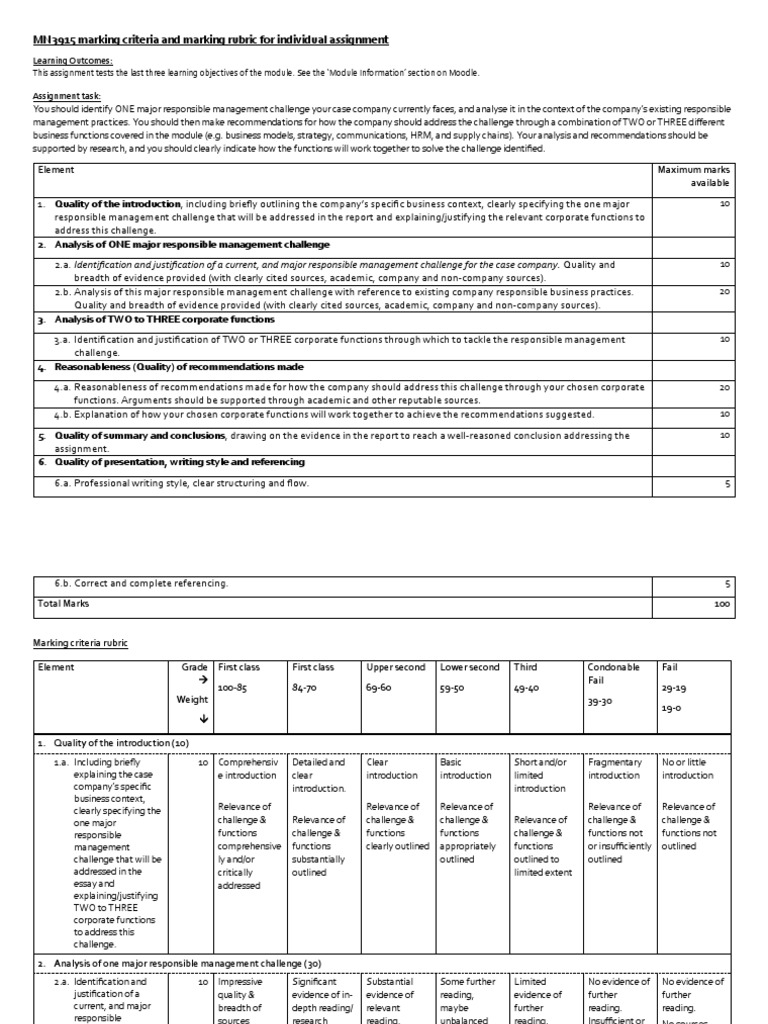 MN3915 Marking Criteria and Marking Rubric For Individual Assignment