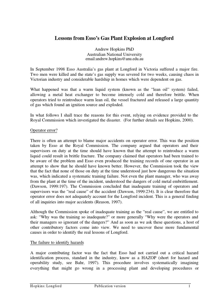 Lessons from the Esso Longford Explosion | PDF | Risk Management | Safety