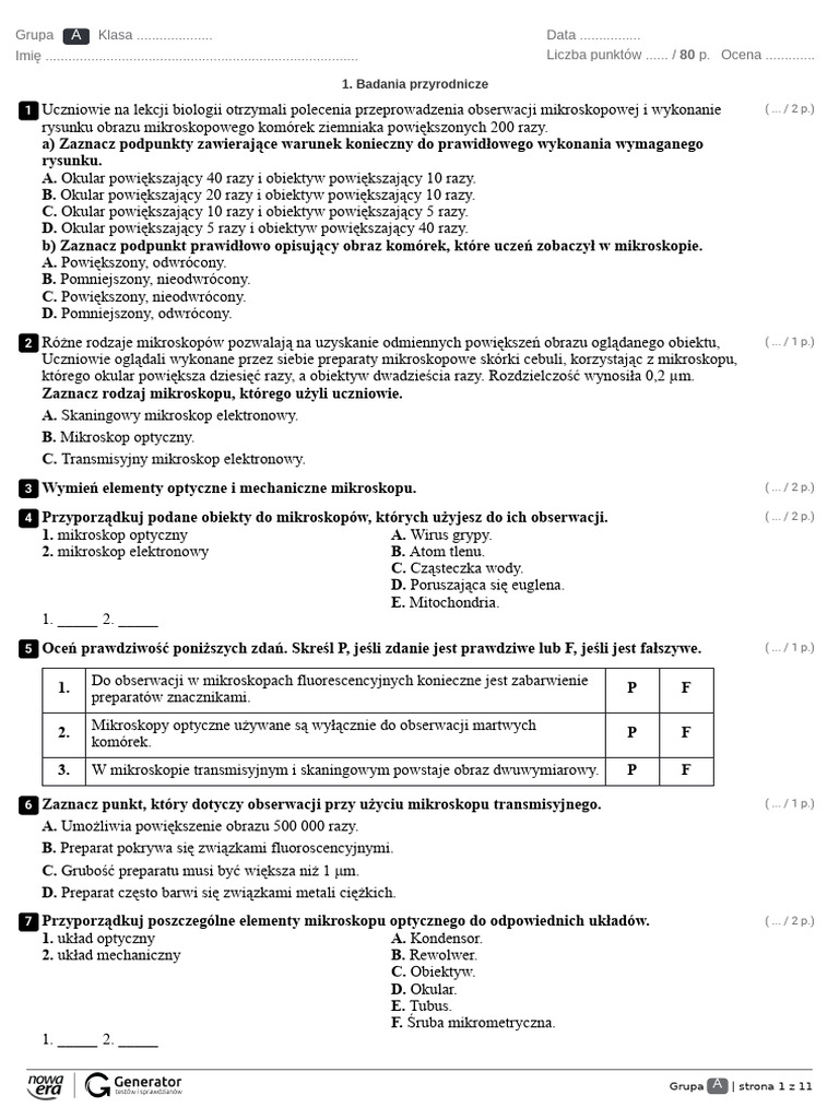 Badania Przyrodnicze Sprawdzian Nowa Era Badania Przyrodnicze Test (Z Widoczną Punktacją) | PDF