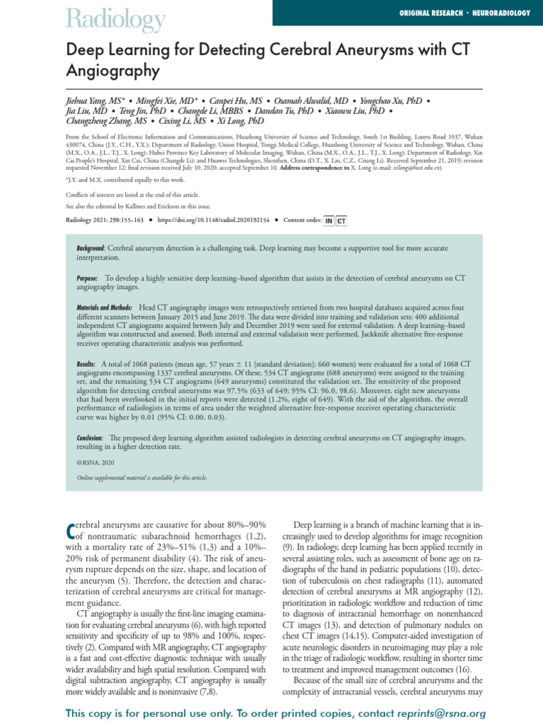 Deep Learning for Cerebral Aneurysm Detection | PDF | Radiology | Ct Scan