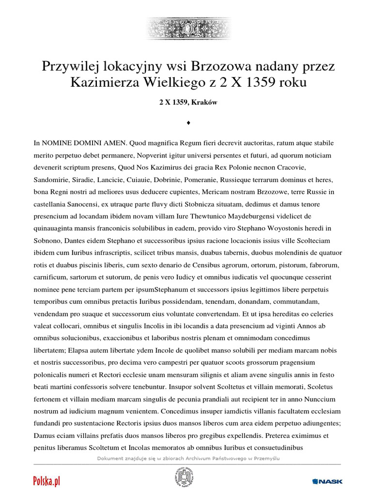 Przywilej Lokacyjny Brzozowa 1359 | PDF