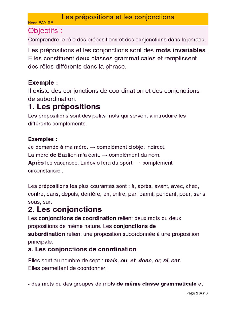 Prépositions et Conjonctions : Distinctions | PDF | Clause | Relations ...