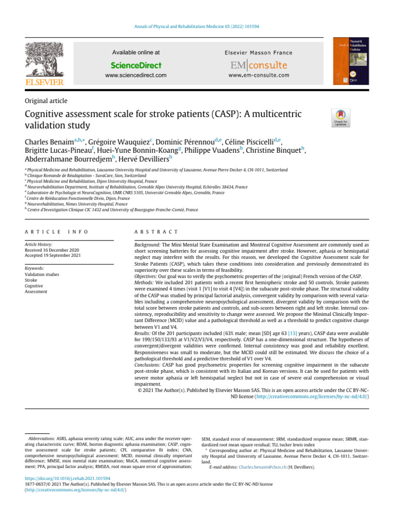 CASP: Validating Stroke Cognitive Assessment | PDF | Validity ...