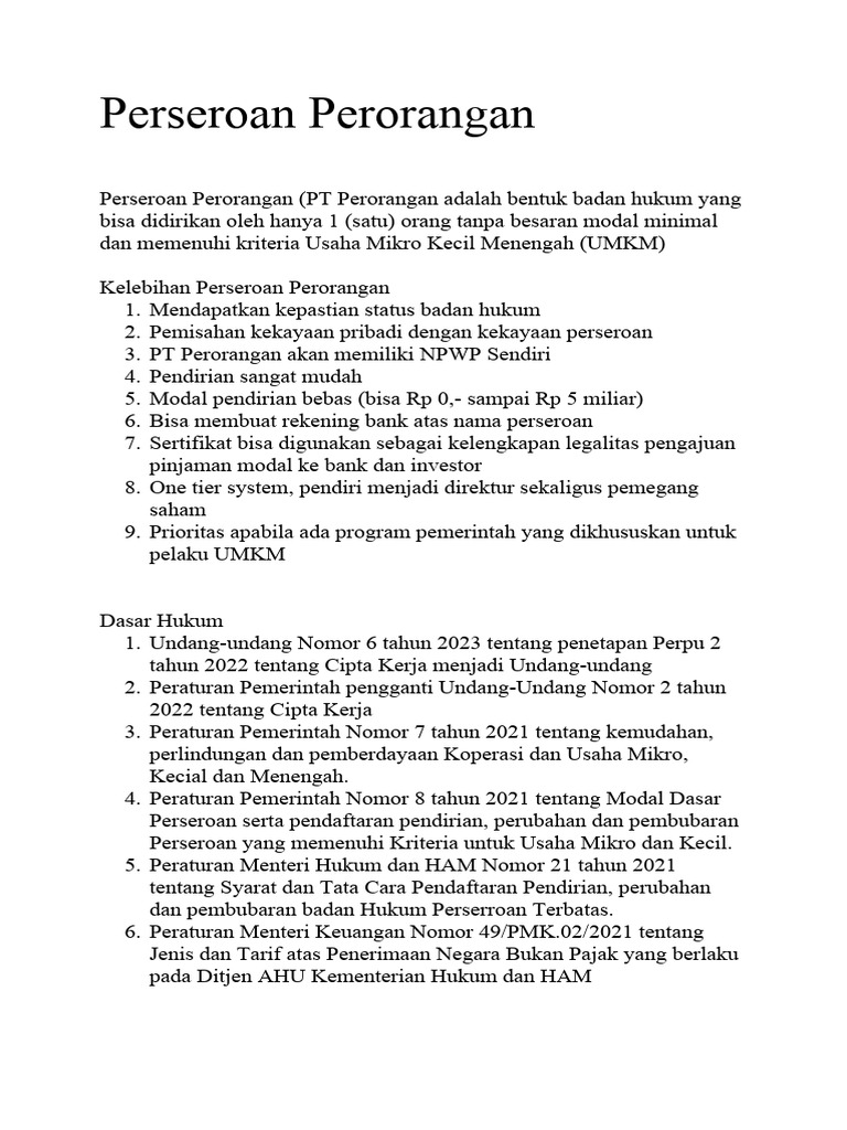 Panduan Perseroan Perorangan di Indonesia | PDF
