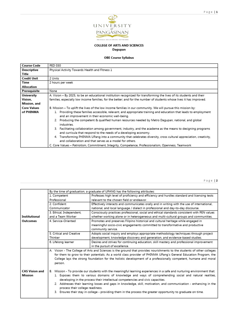 Ped 030 Pathfit 1 Obe Syllabus Pdf Physical Fitness Learning