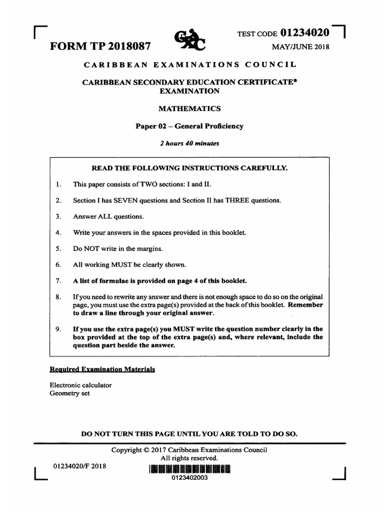 CSEC Mathematics June 2018 P2 33pgs | PDF | Trigonometric Functions ...